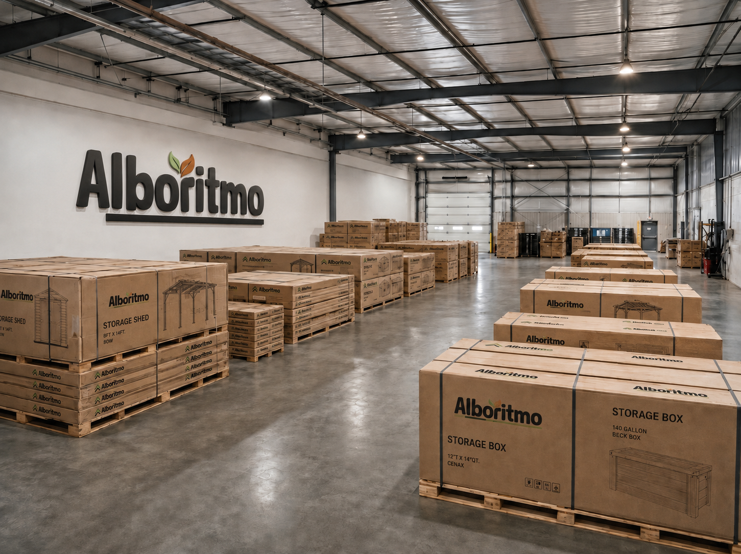 Alboritmo LLC inventory of sheds, pergolas, and storage boxes